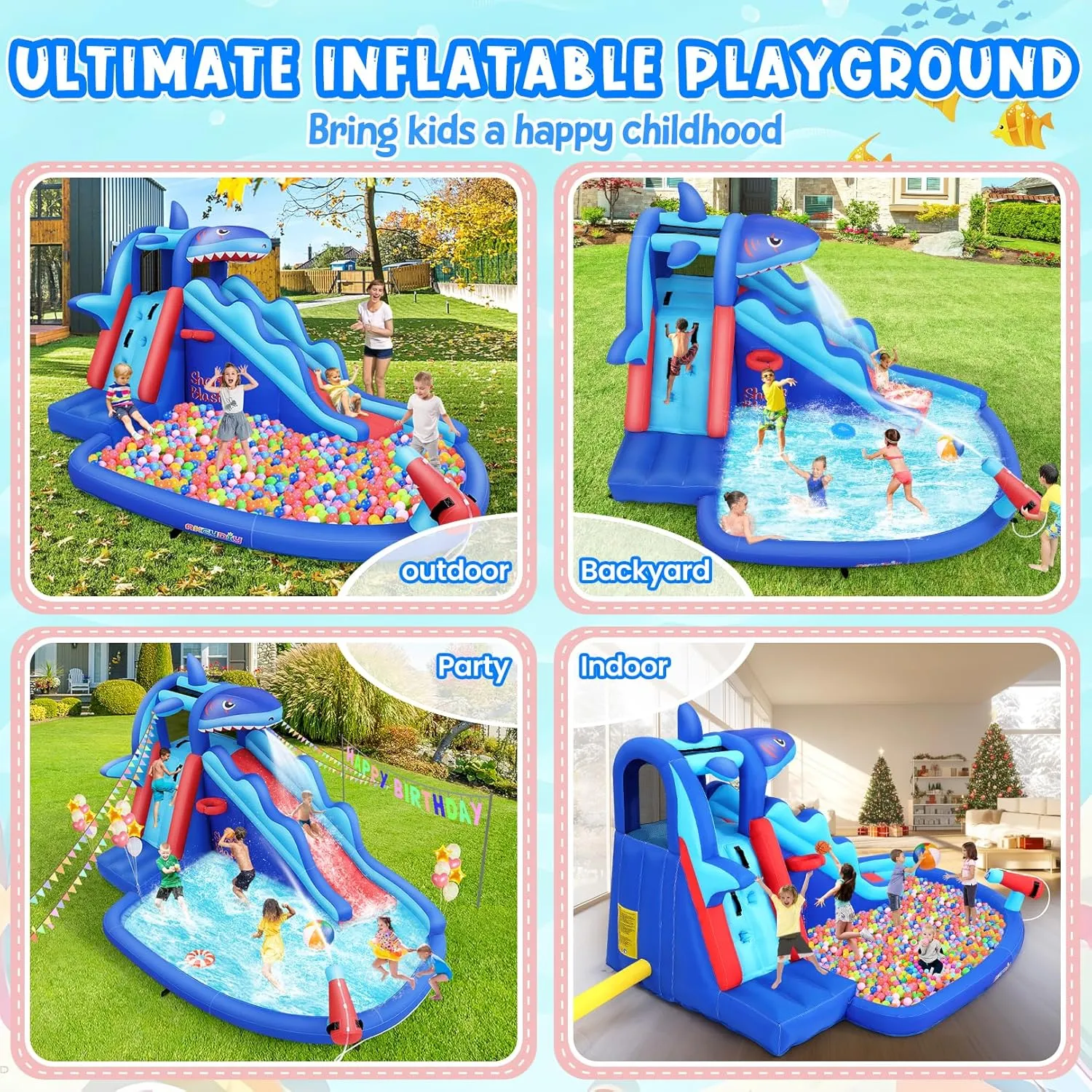 AKEYDIY Inflatable Water Slides for Kids, Inflatable Water Park with Climbing, Basketball Rim, Splash Pool, Water Cannon, Blow up Water Slides for Kids Backyard (Bounce House A2)