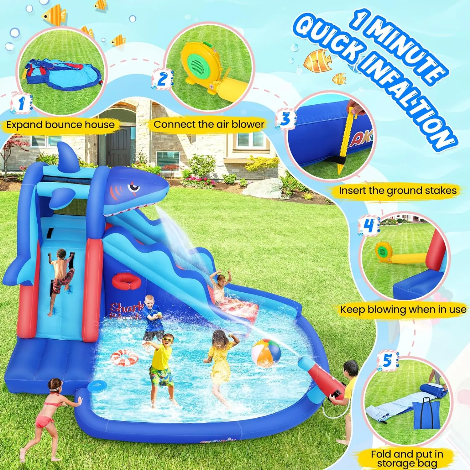 AKEYDIY Inflatable Water Slides for Kids, Inflatable Water Park with Climbing, Basketball Rim, Splash Pool, Water Cannon, Blow up Water Slides for Kids Backyard (Bounce House A2)
