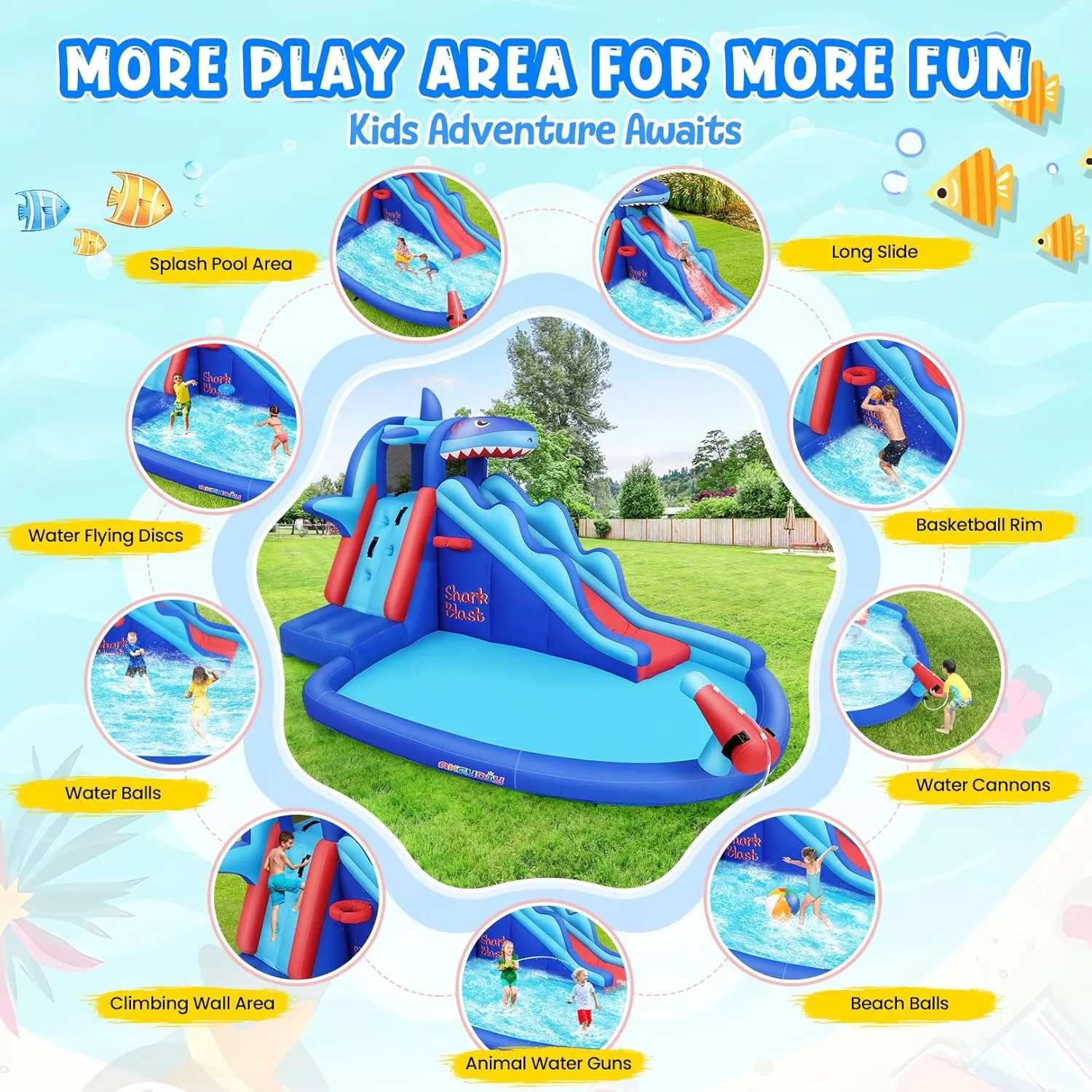 AKEYDIY Inflatable Water Slides for Kids, Inflatable Water Park with Climbing, Basketball Rim, Splash Pool, Water Cannon, Blow up Water Slides for Kids Backyard (Bounce House A2)