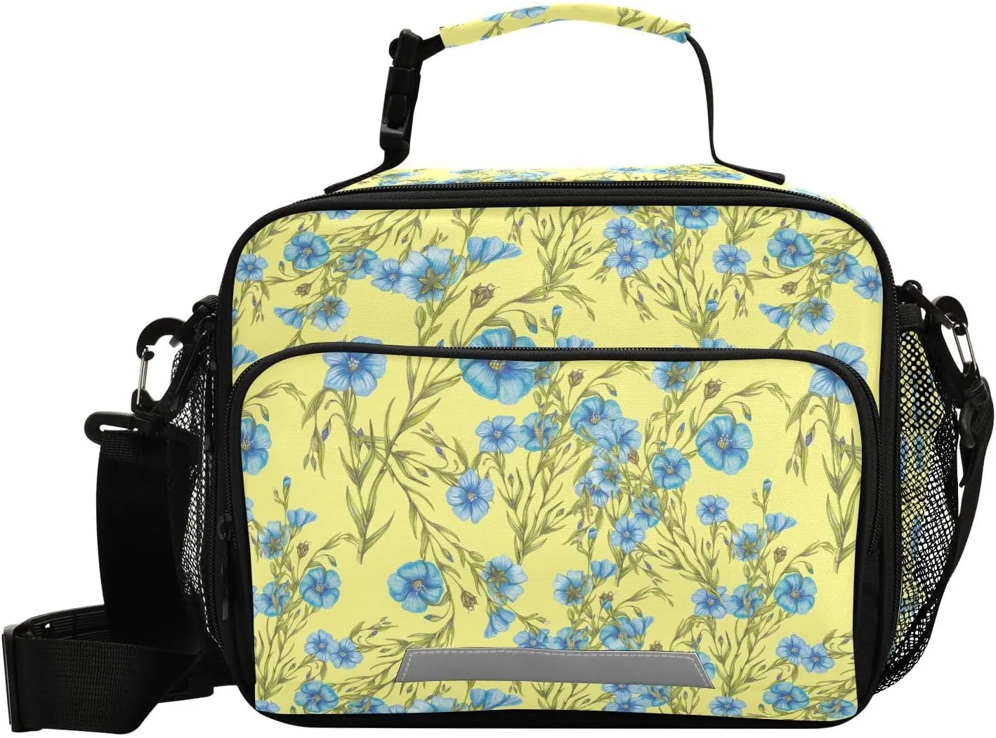 ALAZA Blue Flax Flowers on Yellow Background Lunch Bag Reusable Insulated Cooler Lunch Tote Bag with Adjustable Shoulder Strap for Office Work Picnic Travel,Size 11 X 4.33 X 9.05 inch