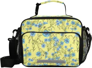 ALAZA Blue Flax Flowers on Yellow Background Lunch Bag Reusable Insulated Cooler Lunch Tote Bag with Adjustable Shoulder Strap for Office Work Picnic Travel,Size 11 X 4.33 X 9.05 inch