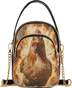 ALAZA Chain Crossbody Bags for Women Funny Cock Explosion Rooster Quilted Shoulder Crossbody Handbags Travel Cross Body Cell Phone Purses Bags