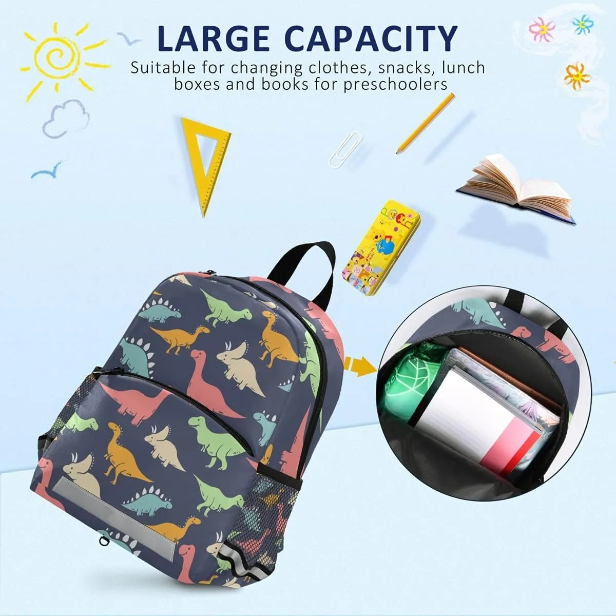 ALAZA Cute Dinosaur Toddler Backpack for Boys Girls,Colorful Dinosaur Pattern Kid's Backpack,Kindergarten Children Bag Preschool Nursery Travel Bag Daycare Bag with Safety Leash