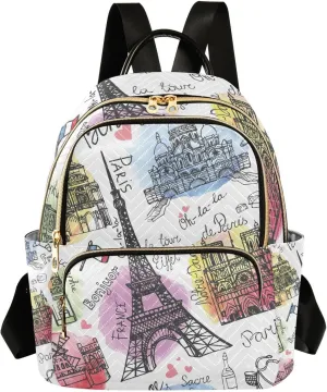 ALAZA Small Backpack Purse for Women Teen Girls Retro Eiffel Tower Triumphal Arch Quilted Backpack Fashion Bookbag Mini School Daypack Ladies Shoulder Bag Everyday Purses