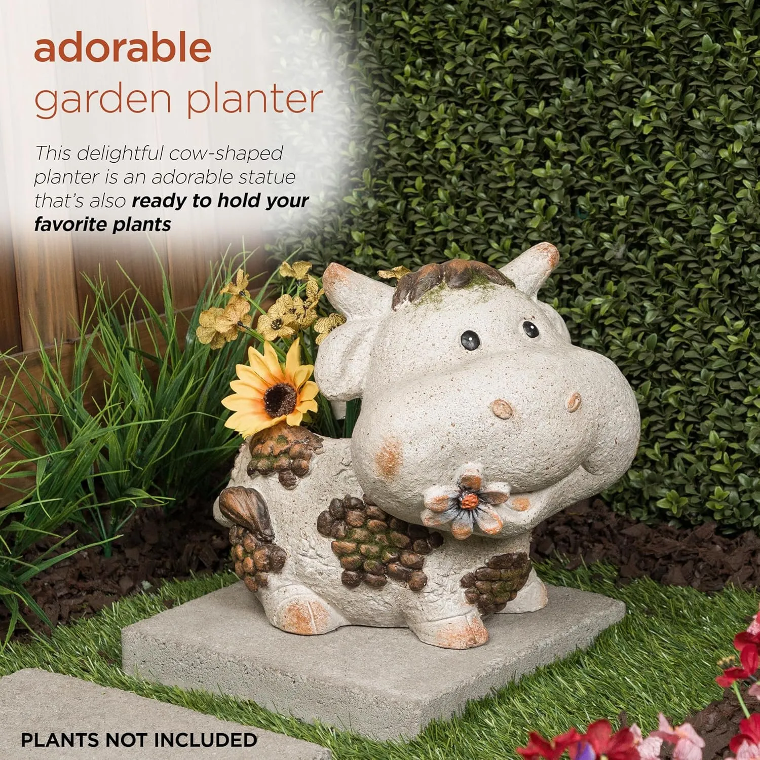 Alpine Corporation WQA1588 Smiling Cow Statue Planter w/Drainage Hole, Stylish Décor for Garden, Patio, & Lawn, 12" H, Gray