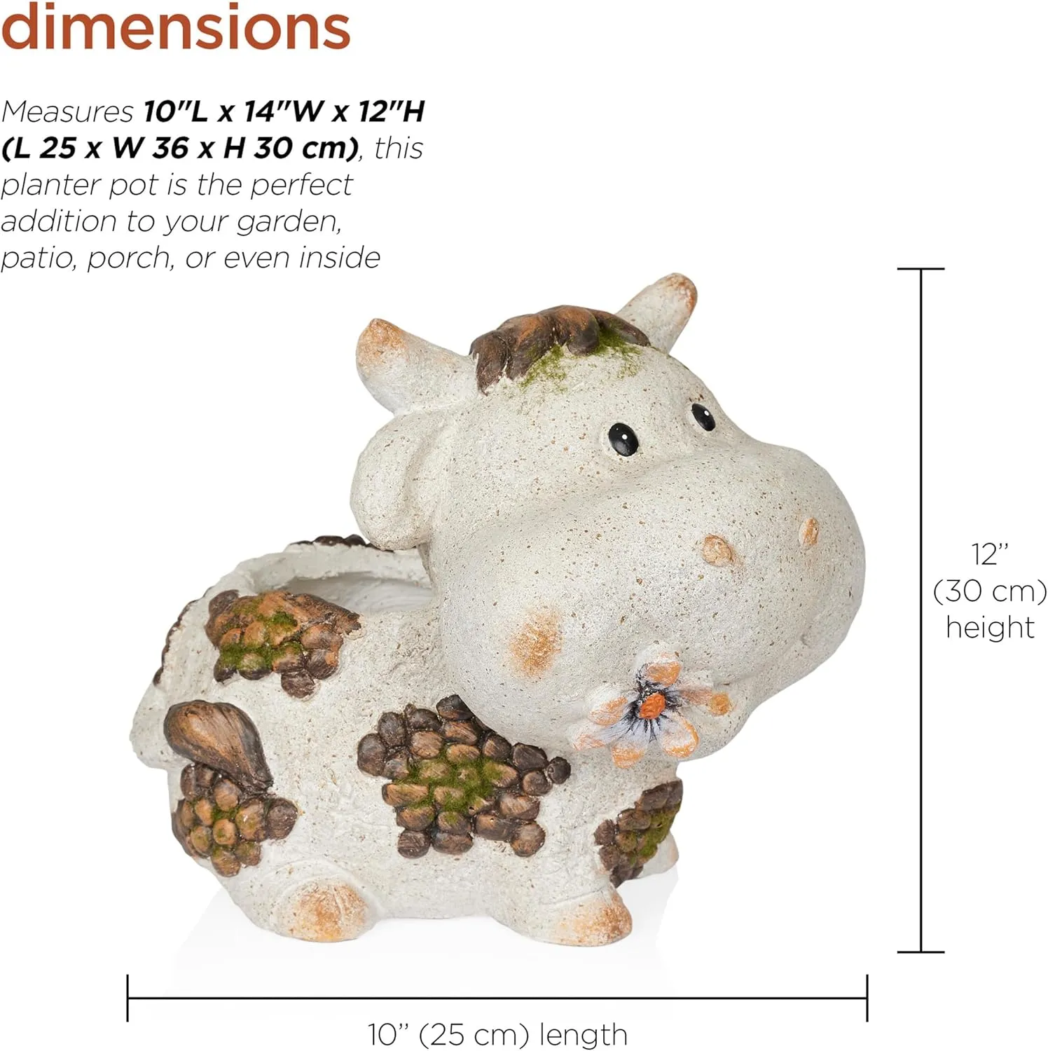 Alpine Corporation WQA1588 Smiling Cow Statue Planter w/Drainage Hole, Stylish Décor for Garden, Patio, & Lawn, 12" H, Gray