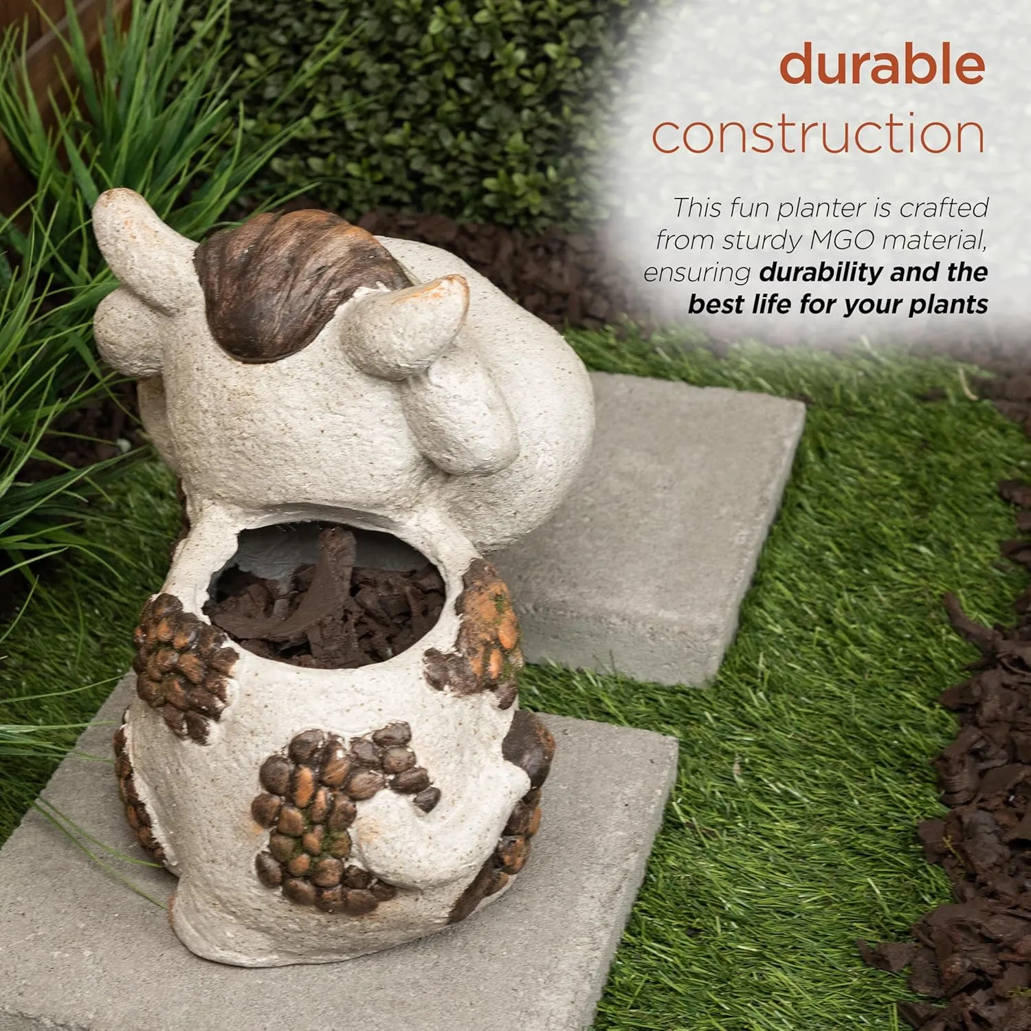 Alpine Corporation WQA1588 Smiling Cow Statue Planter w/Drainage Hole, Stylish Décor for Garden, Patio, & Lawn, 12" H, Gray