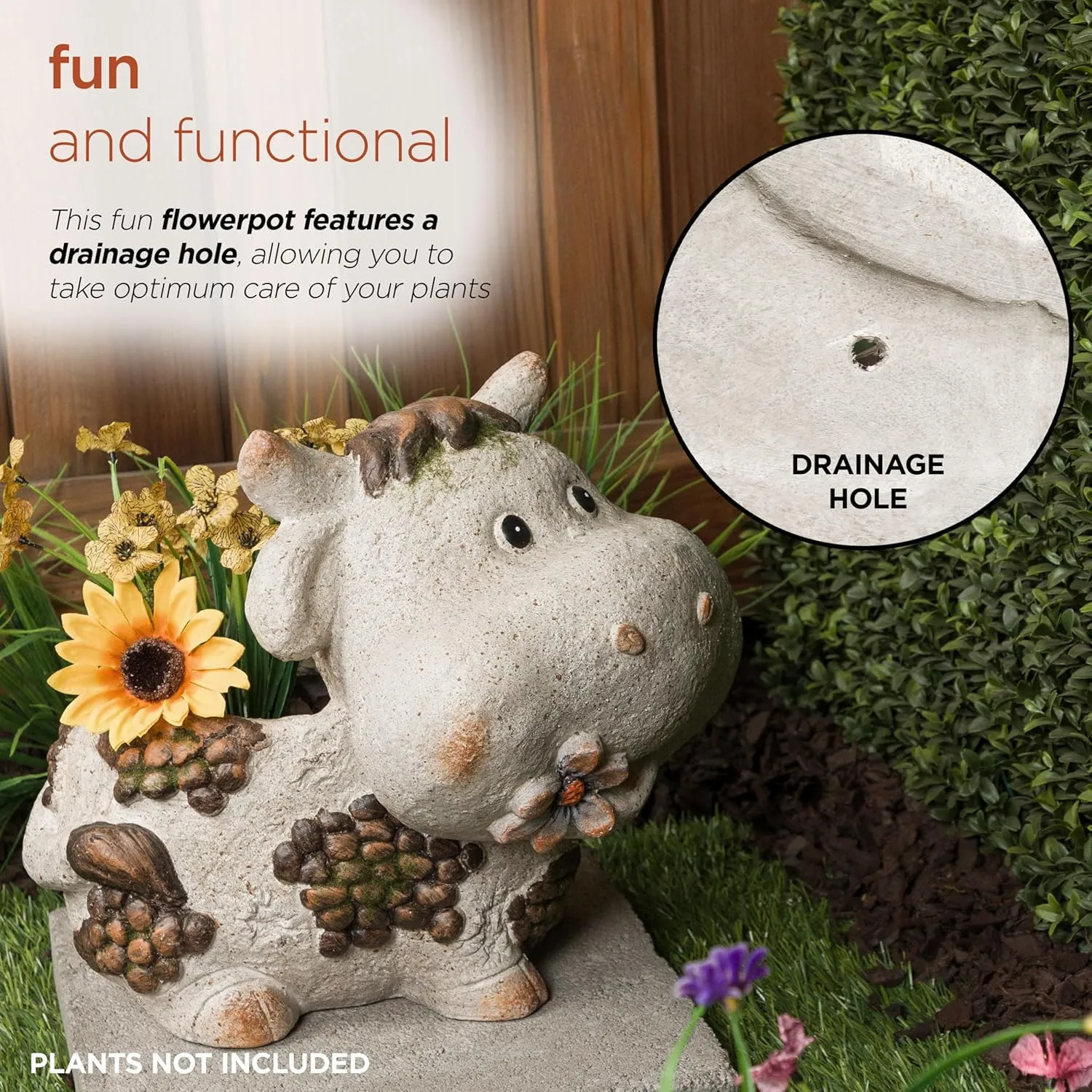 Alpine Corporation WQA1588 Smiling Cow Statue Planter w/Drainage Hole, Stylish Décor for Garden, Patio, & Lawn, 12" H, Gray