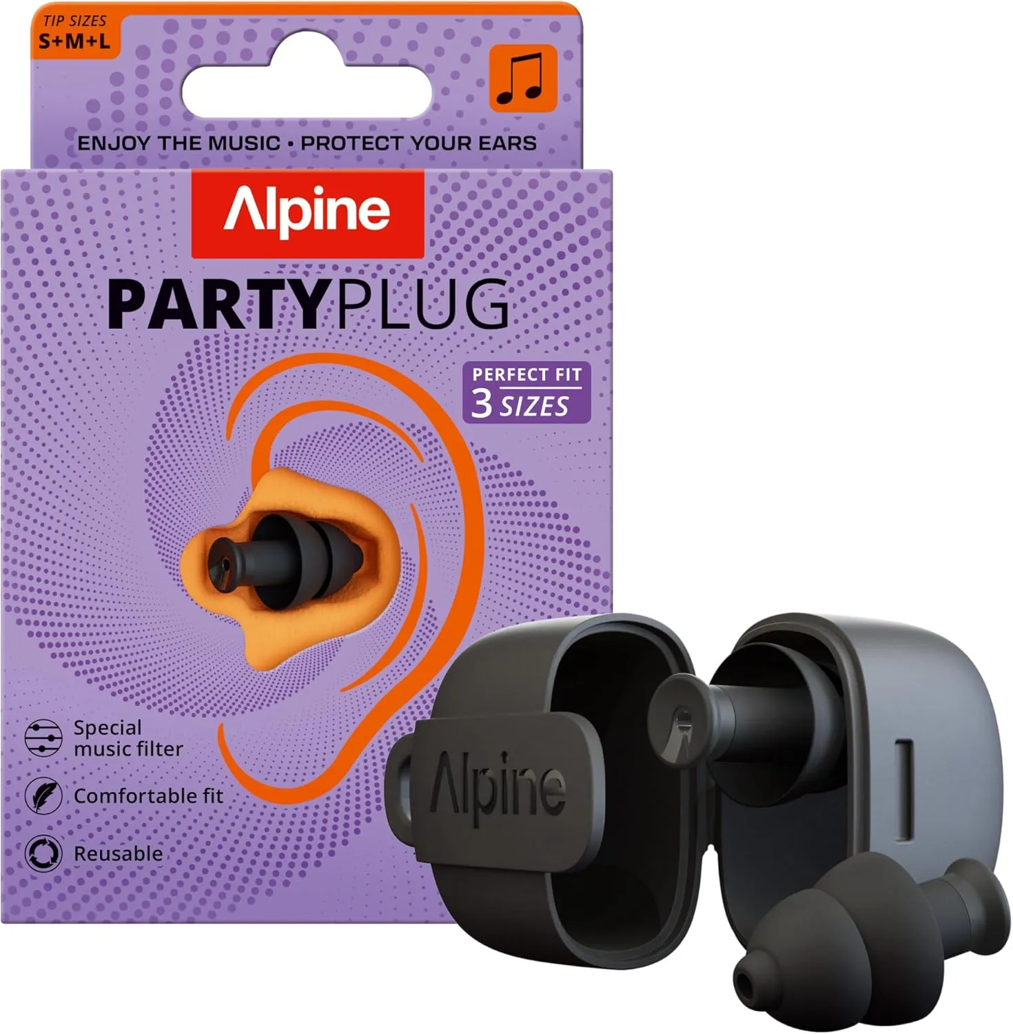 Alpine PartyPlug Concert Ear Plugs with 19dB Noise Reduction - Reusable Hearing Protection for Music Festivals, Raves & Live Events, Clear Sound Quality, Incl. 3 Tip Sizes (S/M/L), Black