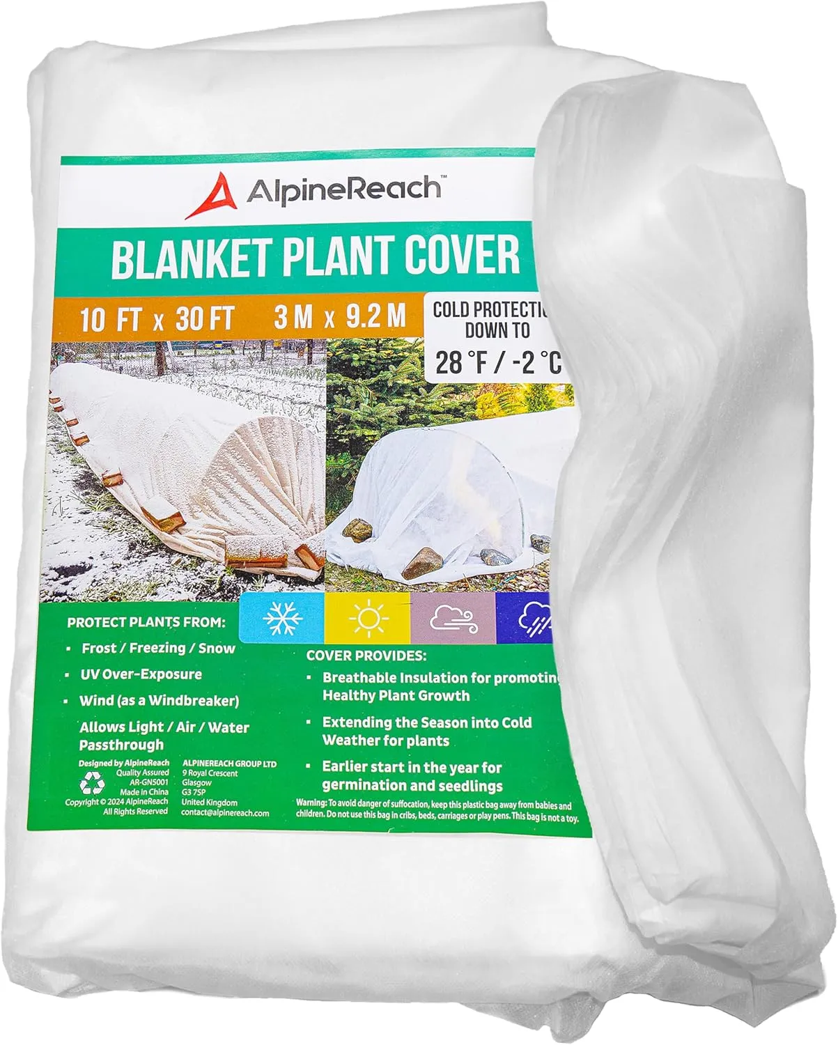AlpineReach Plant Covers Frost Protection 10 x 30 ft - Thick 1.2 oz/yd² Freeze Blanket to Low 28 °F Temperatures Floating Row, Garden Fabric Material to Protect in Winter Cold, Gardening Down, White