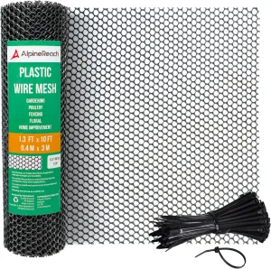 AlpineReach Plastic Wire Mesh 1.3ft x 10ft (15.7" x 120") Fence Roll with Zip Ties - Ideal for Poultry, Dogs, Rabbit Barrier & Gardening, Durable Chicken Mesh, Versatile Rigid Fencing & Netting, Black