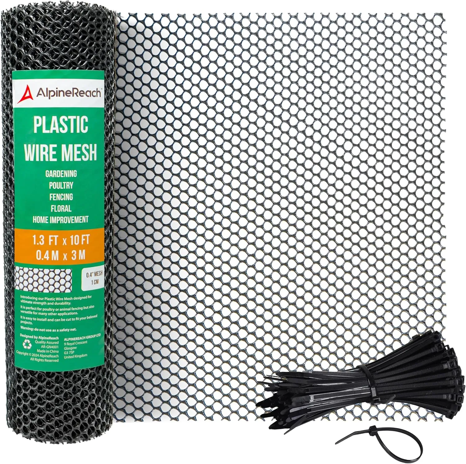 AlpineReach Plastic Wire Mesh 1.3ft x 10ft (15.7" x 120") Fence Roll with Zip Ties - Ideal for Poultry, Dogs, Rabbit Barrier & Gardening, Durable Chicken Mesh, Versatile Rigid Fencing & Netting, Black