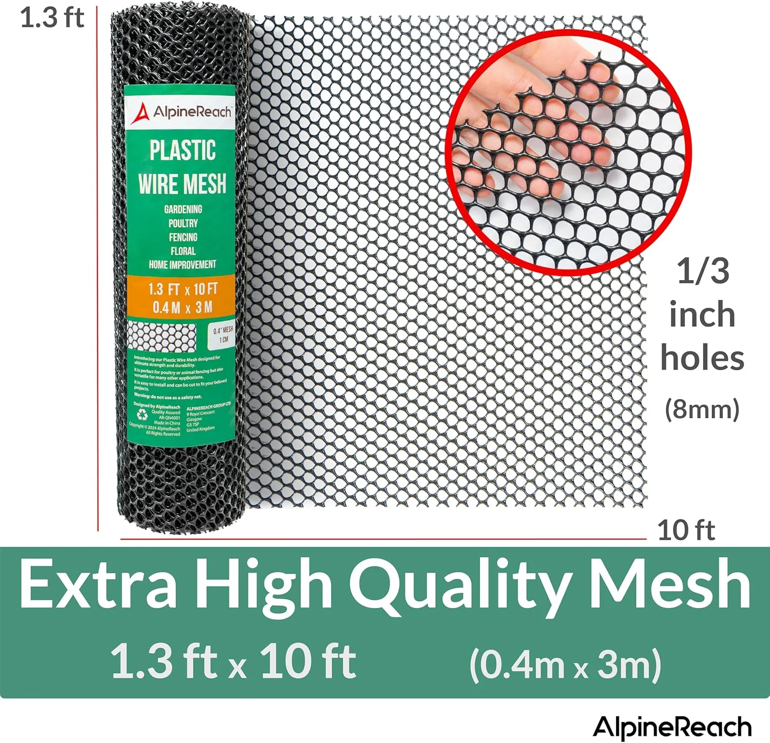 AlpineReach Plastic Wire Mesh 1.3ft x 10ft (15.7" x 120") Fence Roll with Zip Ties - Ideal for Poultry, Dogs, Rabbit Barrier & Gardening, Durable Chicken Mesh, Versatile Rigid Fencing & Netting, Black