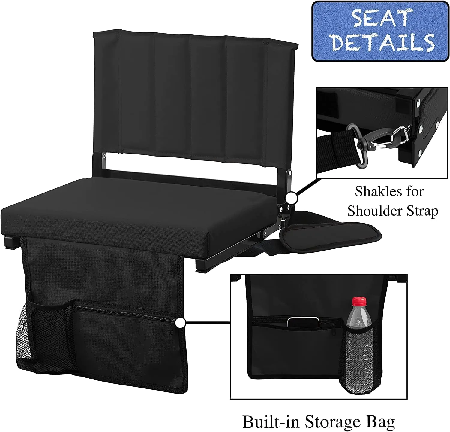 Amazing for less Stadium Seat for Bleachers with Padded Cushion Foldable Stadium Seat Chairs with Back Support, Shoulder Strap, Built-in Cup Holder (Black, 2-Chairs)