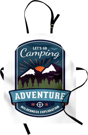 Ambesonne Adventure Apron, Signboard of Camping Wilderness Exploration Mountains Illustration, Small Apron Bib with Adjustable Ties for Baking Painting, Small Size, White and Multicolor