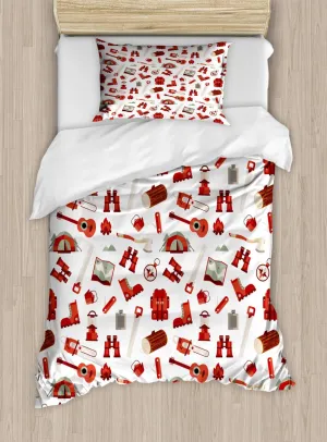 Ambesonne Camping Duvet Cover Set, Lumberjack Elements from Outdoor Leisure Activities in Vinous Tones, Decorative 2 Piece Bedding Set with 1 Pillow Sham, Twin Size, White Vermilion and Brown