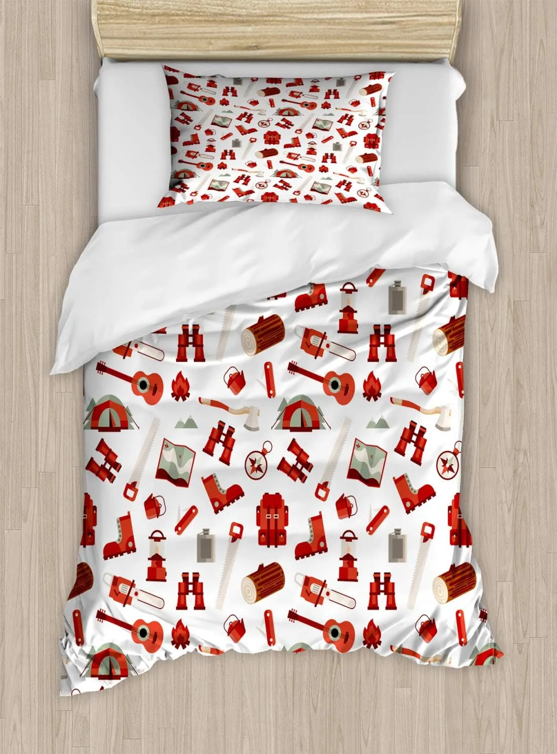 Ambesonne Camping Duvet Cover Set, Lumberjack Elements from Outdoor Leisure Activities in Vinous Tones, Decorative 2 Piece Bedding Set with 1 Pillow Sham, Twin Size, White Vermilion and Brown