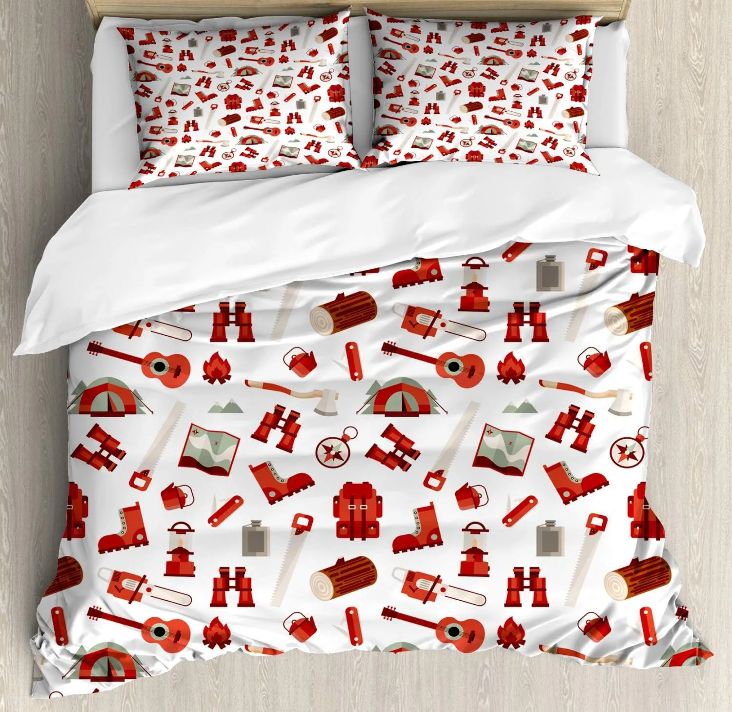 Ambesonne Camping Duvet Cover Set, Lumberjack Elements from Outdoor Leisure Activities in Vinous Tones, Decorative 3 Piece Bedding Set with 2 Pillow Shams, King Size, White Vermilion and Brown
