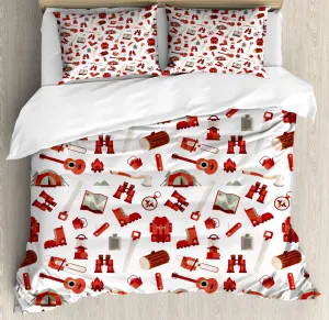 Ambesonne Camping Duvet Cover Set, Lumberjack Elements from Outdoor Leisure Activities in Vinous Tones, Decorative 3 Piece Bedding Set with 2 Pillow Shams, Queen Size, White Vermilion and Brown