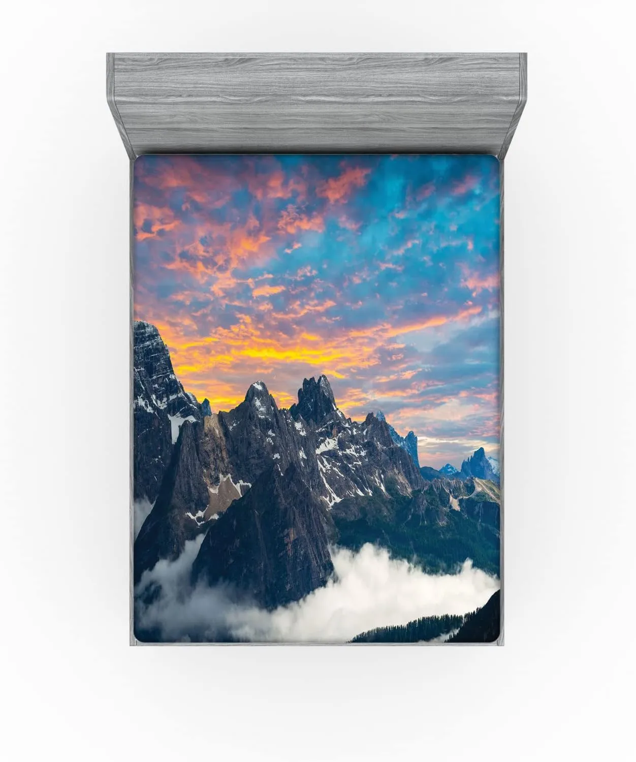 Ambesonne Mountain Fitted Sheet, Alpine Scenery Foggy Italian Natural Park Vivid Sky Above Clouds Photography, Comfy Bed Cover with All-Round Elastic Deep Pocket, California King, Black White Blue