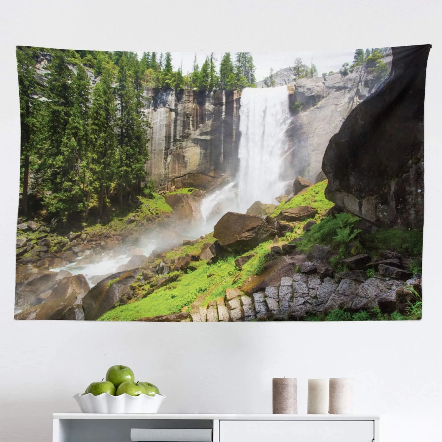 Ambesonne Yosemite Tapestry, Vernal Fall Yosemite National Park Alpine Forest Rocks Wild Natural Scenic Photo, Fabric Wall Hanging Decor for Bedroom Living Room Dorm, 45" X 30", White Green