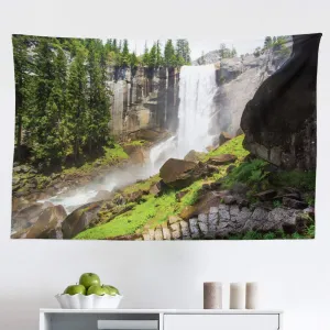 Ambesonne Yosemite Tapestry, Vernal Fall Yosemite National Park Alpine Forest Rocks Wild Natural Scenic Photo, Fabric Wall Hanging Decor for Bedroom Living Room Dorm, 45" X 30", White Green
