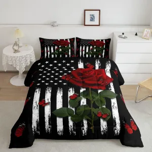 American Flag Comforter Set Queen Size Red Rose Butterfly Print Bedding Women Girls Boys Vintage Floral Usa Flag Quilted Duvet Youth Men Retro Grunge Stripes Down Comforter with 2 Pillowcases