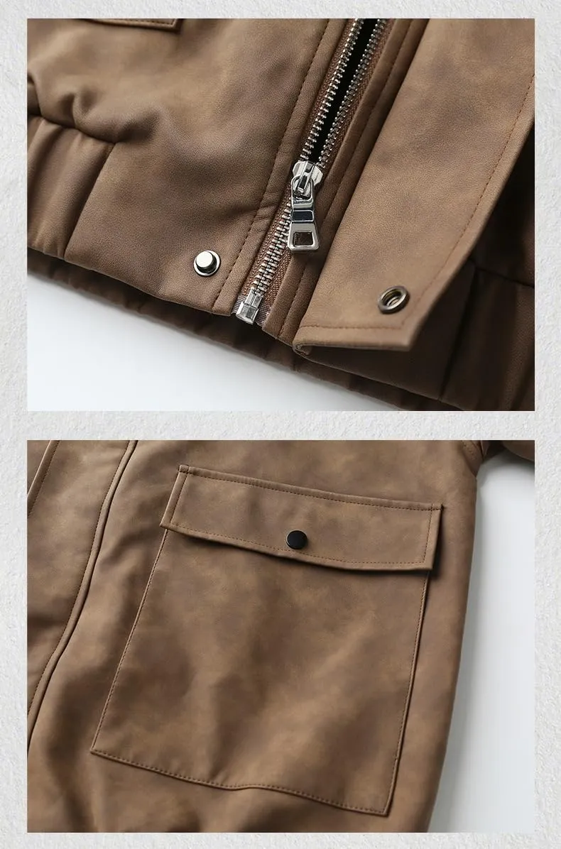 American Retro Motorcycle PU Leather Jacket for Men,Short Loose Fit Aviator Workwear Coat
