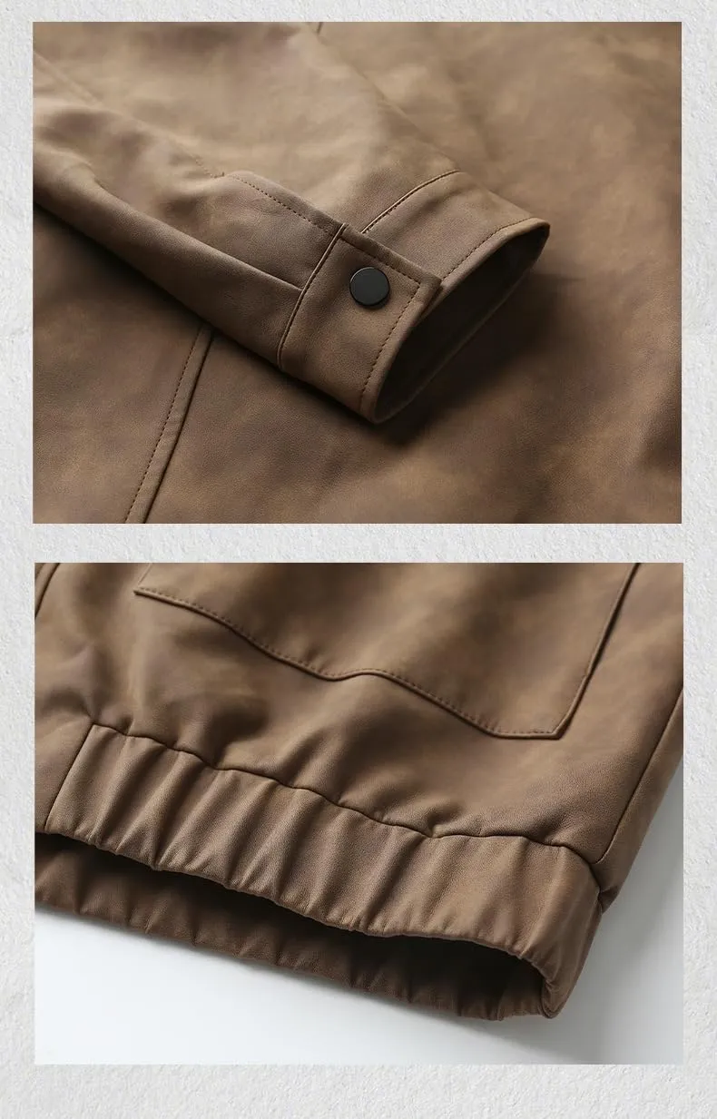 American Retro Motorcycle PU Leather Jacket for Men,Short Loose Fit Aviator Workwear Coat