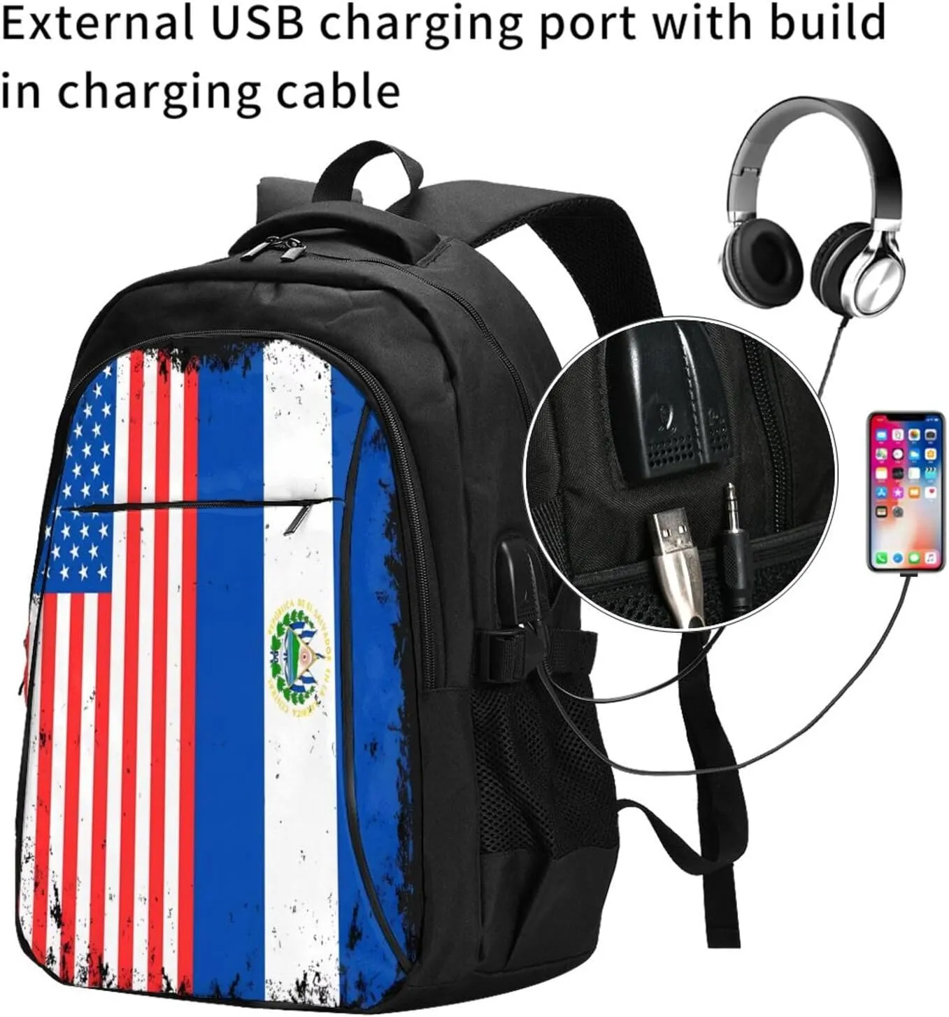 American Salvadorian Flag Salvadoreños Roots Business Laptop Backpack Travel Backpacks Outdoor Rucksack Large Bag Daypack with USB Charging Port Multi-Pocket for Hiking Camping