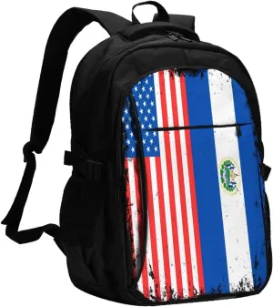 American Salvadorian Flag Salvadoreños Roots Business Laptop Backpack Travel Backpacks Outdoor Rucksack Large Bag Daypack with USB Charging Port Multi-Pocket for Hiking Camping