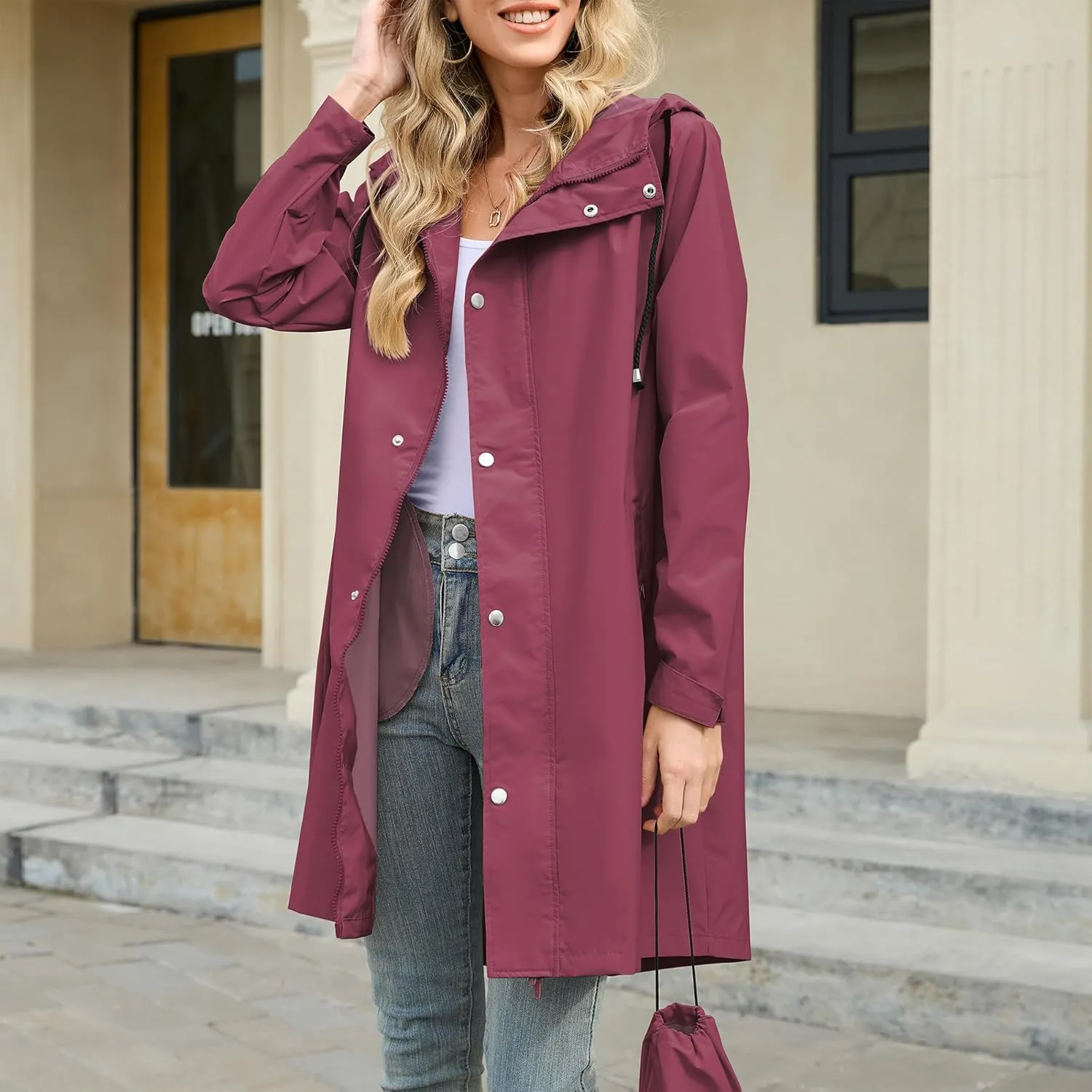 American Trends Packable Waterproof Rain Jacket Women with Hood Raincoat Windbreaker Long Hooded Trench Coats S-2XL Available