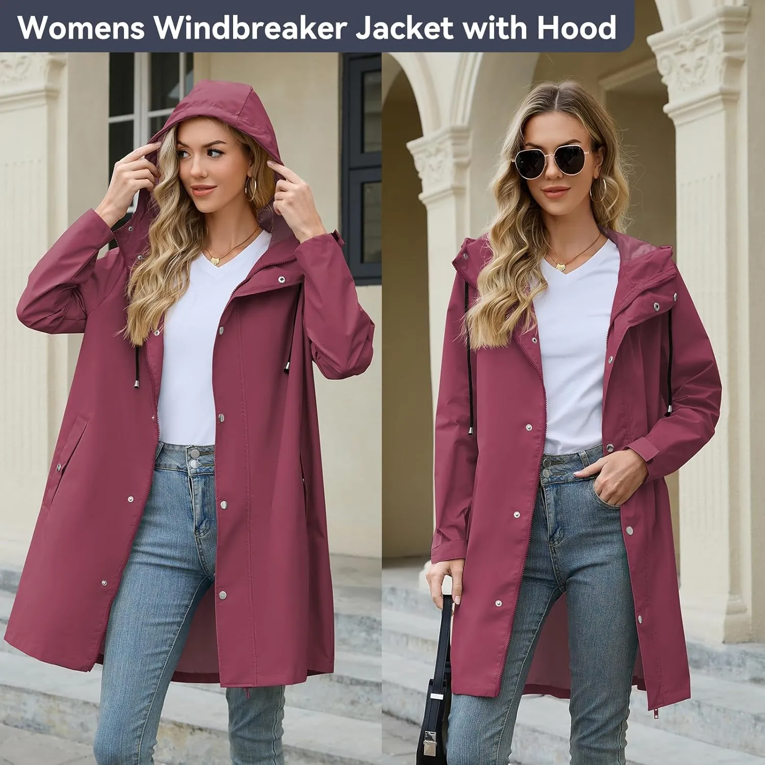 American Trends Packable Waterproof Rain Jacket Women with Hood Raincoat Windbreaker Long Hooded Trench Coats S-2XL Available
