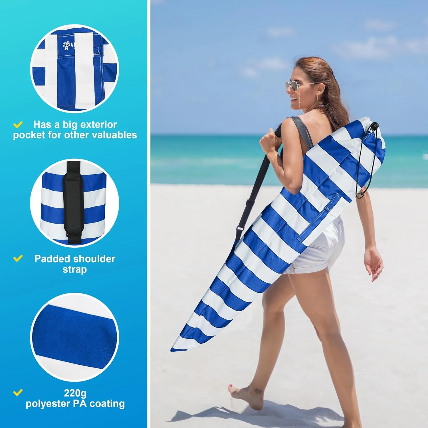 AMMSUN Commercial Grade Heavy Duty Beach Umbrella Carry Bag for storage of Beach & Patio Umbrellas,Universal Foldable Umbrella Bag, Fits Most Outdoor Umbrellas, Blue Stripe