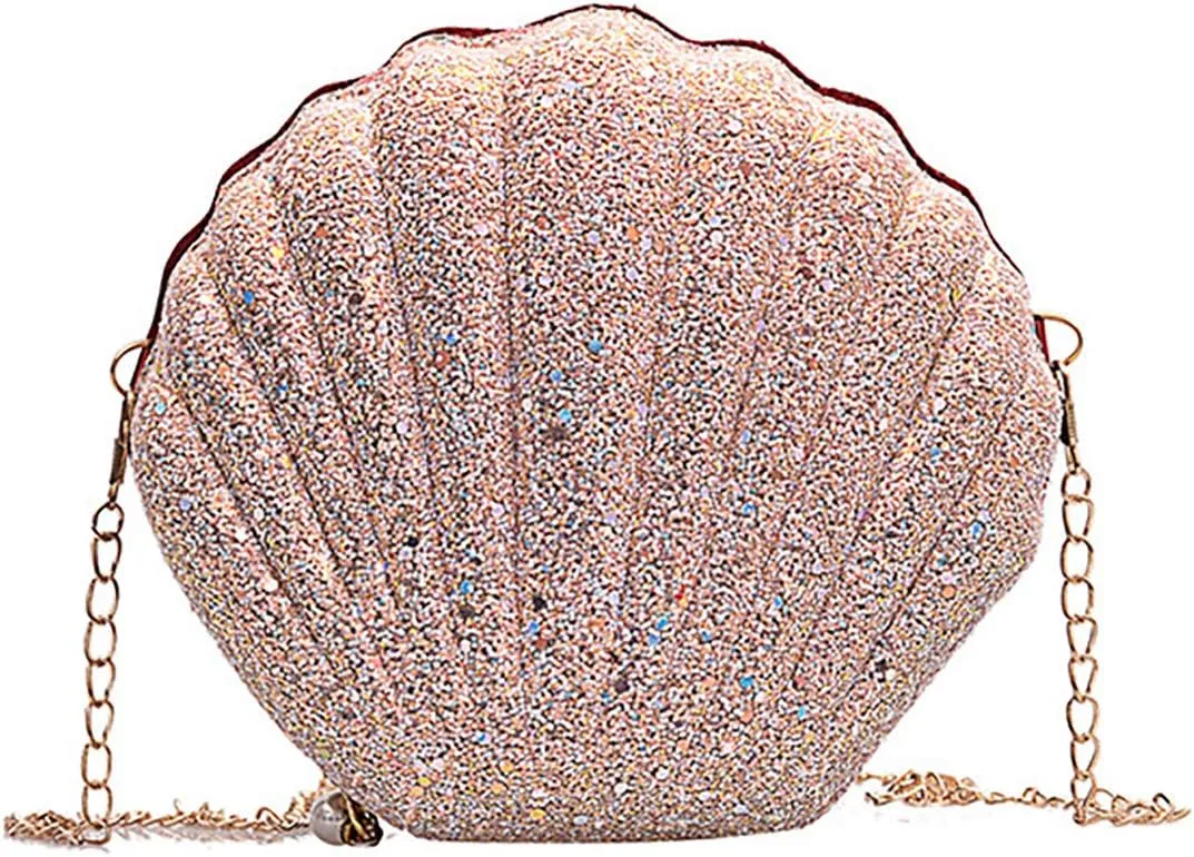 ANKOMINA Glitter Sequin Small Shell Shape Shoulder Handbags Phone Money Pouch Chain Crossbody Purse for Women Little Girls