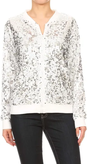 Anna-Kaci Womens Sequin Jacket Bomber Coat 1989 Slitter Outfit For Concert Party, Blue, Large