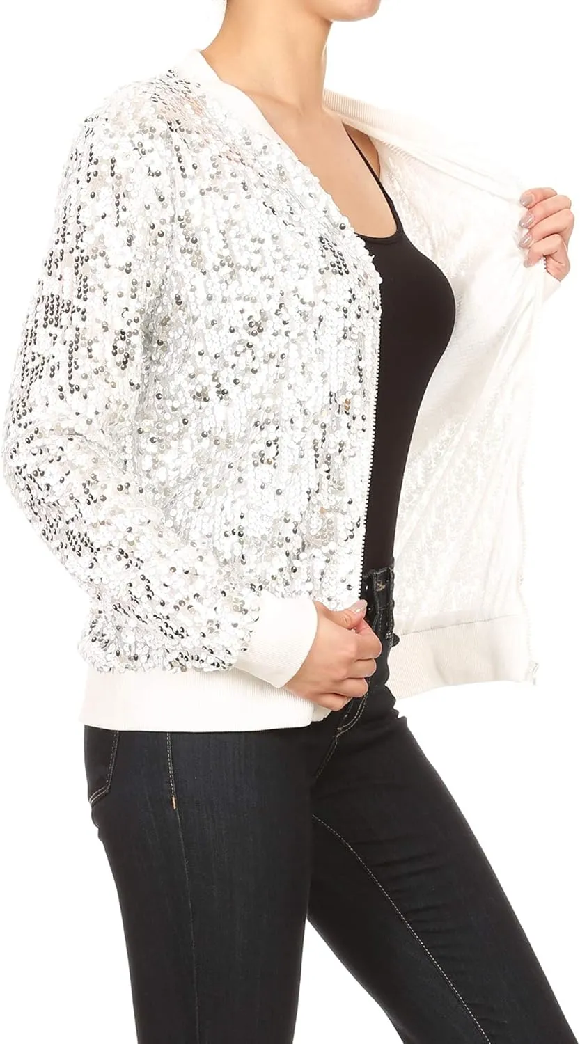 Anna-Kaci Womens Sequin Jacket Bomber Coat 1989 Slitter Outfit For Concert Party, Blue, Large