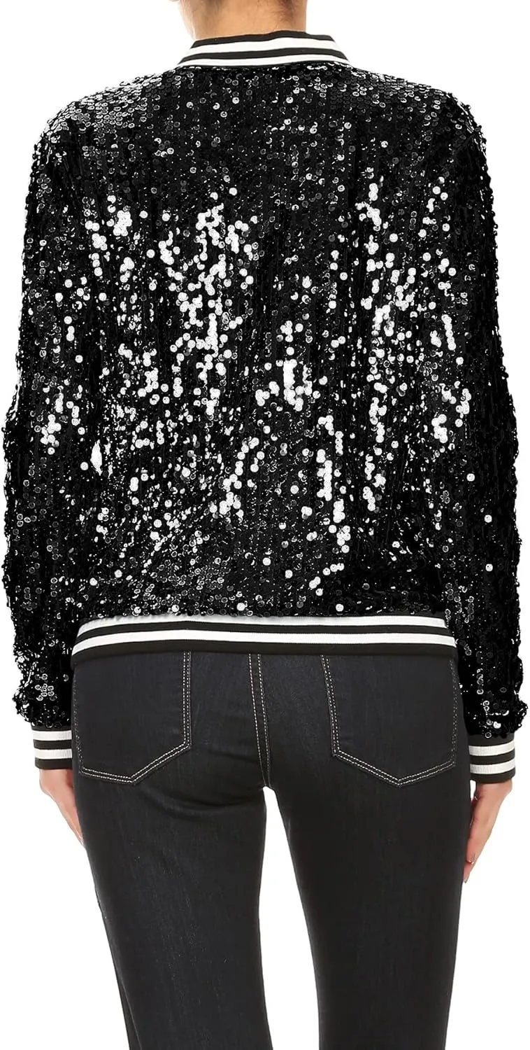 Anna-Kaci Womens Sequin Jacket Bomber Coat 1989 Slitter Outfit For Concert Party, Blue, Large