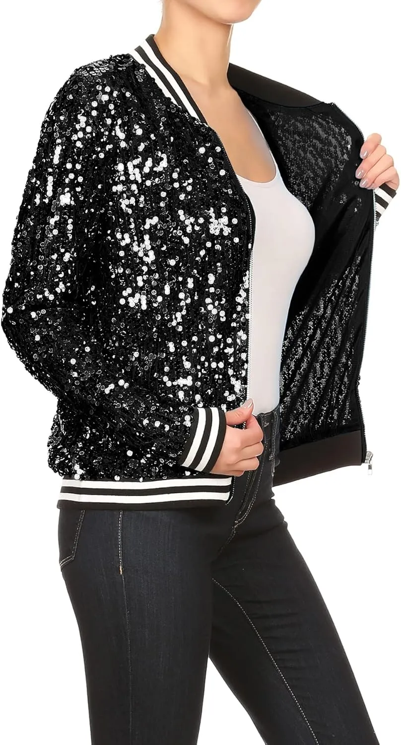 Anna-Kaci Womens Sequin Jacket Bomber Coat 1989 Slitter Outfit For Concert Party, Blue, Large
