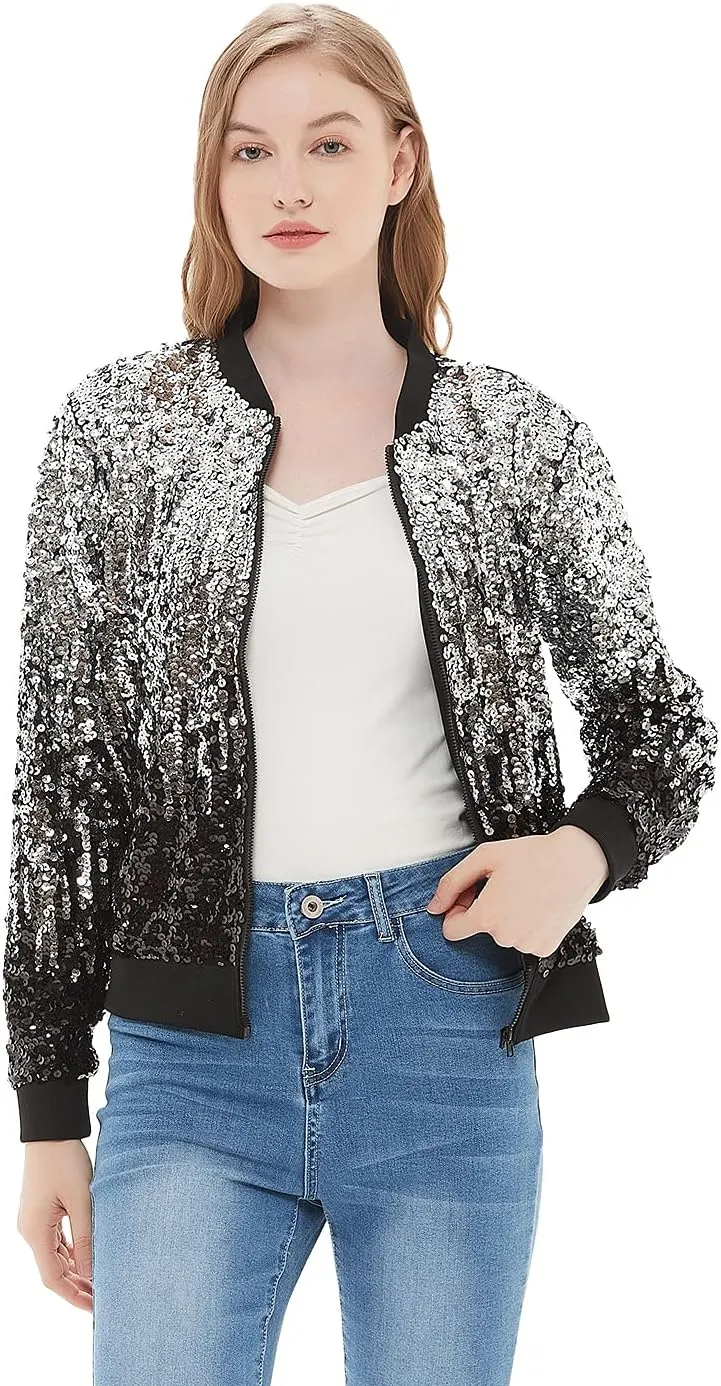 Anna-Kaci Womens Sequin Jacket Bomber Coat 1989 Slitter Outfit For Concert Party, Blue, Large