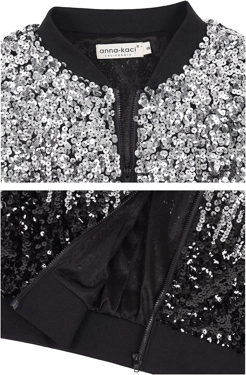 Anna-Kaci Womens Sequin Jacket Bomber Coat 1989 Slitter Outfit For Concert Party, Blue, Large