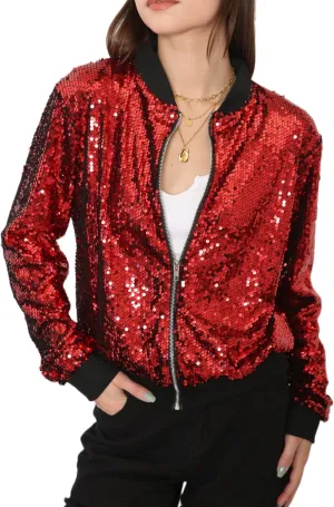 Anna-Kaci Womens Sequin Jacket Bomber Coat 1989 Slitter Outfit For Concert Party, Blue, Large