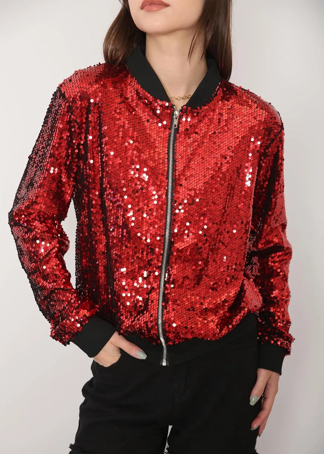 Anna-Kaci Womens Sequin Jacket Bomber Coat 1989 Slitter Outfit For Concert Party, Blue, Large