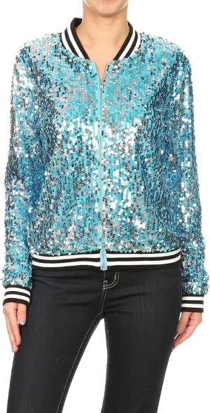 Anna-Kaci Womens Sequin Jacket Bomber Coat 1989 Slitter Outfit For Concert Party, Blue, Large
