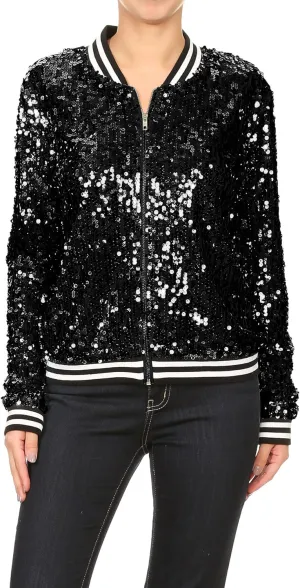 Anna-Kaci Womens Sequin Jacket Bomber Coat 1989 Slitter Outfit For Concert Party, Blue, Large