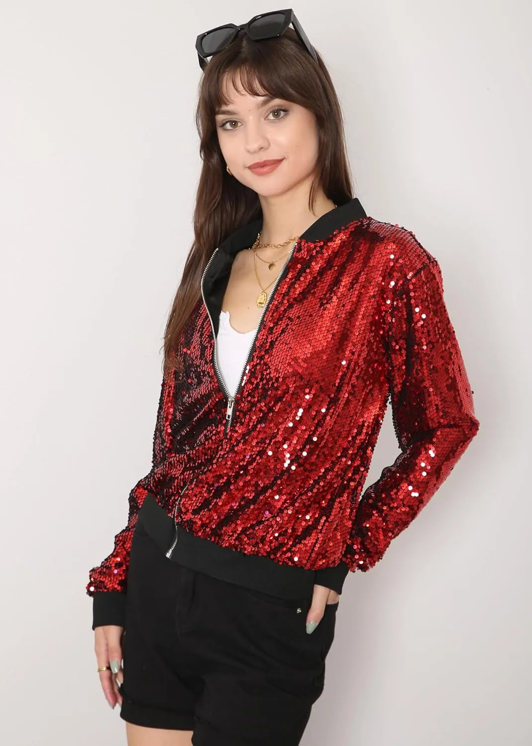 Anna-Kaci Womens Sequin Jacket Bomber Coat 1989 Slitter Outfit For Concert Party, Blue, Large