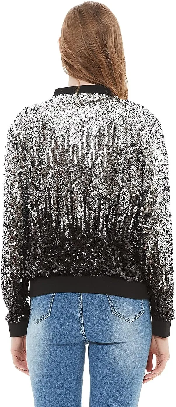 Anna-Kaci Womens Sequin Jacket Bomber Coat 1989 Slitter Outfit For Concert Party, Blue, Large