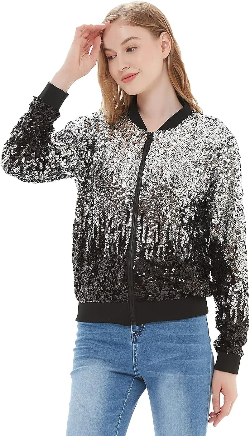 Anna-Kaci Womens Sequin Jacket Bomber Coat 1989 Slitter Outfit For Concert Party, Blue, Large