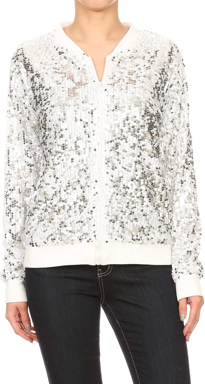 Anna-Kaci Womens Sequin Jacket Bomber Coat 1989 Slitter Outfit For Concert Party, Blue, Large