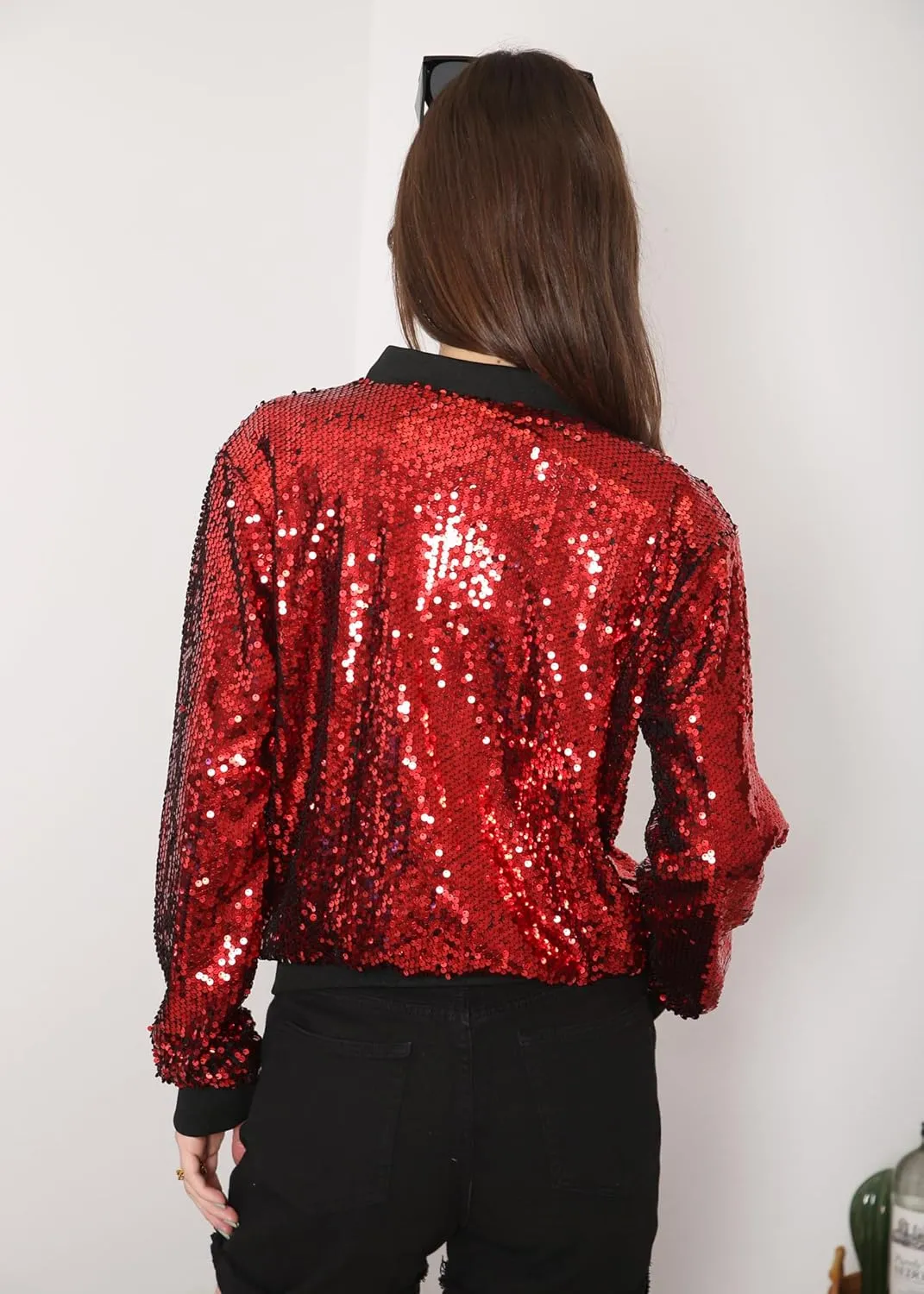 Anna-Kaci Womens Sequin Jacket Bomber Coat 1989 Slitter Outfit For Concert Party, Blue, Large